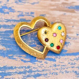 Vintage Puzzle Love Heart Multicolor Rhinestones Brooch by Emmons - L32